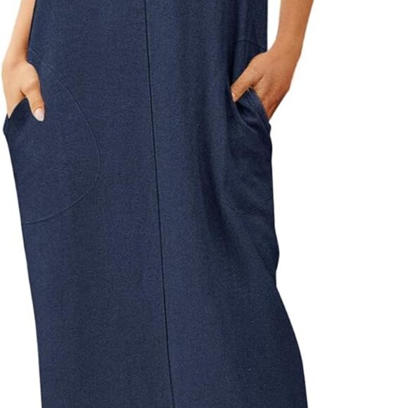 Womens Linen Maxi Dress Summer Spaghetti Strap Side Pockets Vented Hem - Picture 1 of 5